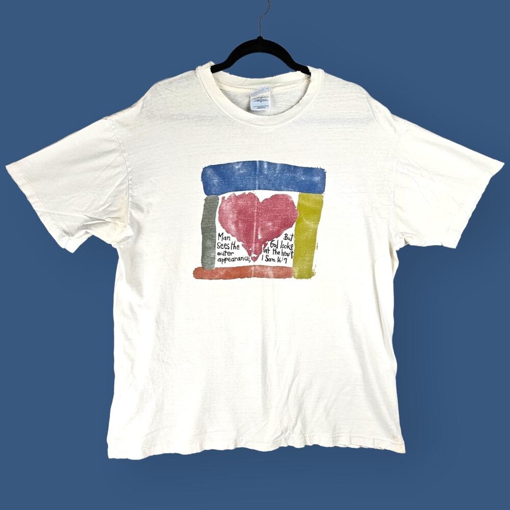 Vintage XL Heart Graphic T-Shirt Single Stitch 1 Samuel 16:7 Religious Quote